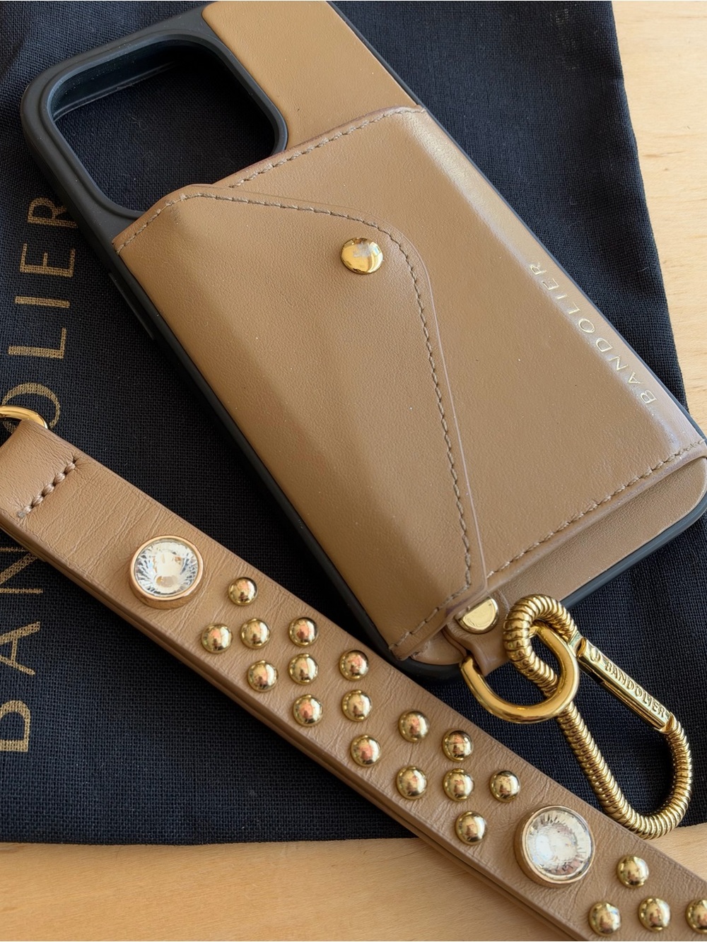 Bandolier Tan Leather Ryder Carabiner iPhone 14 Pro Case w Studded Ava Strap